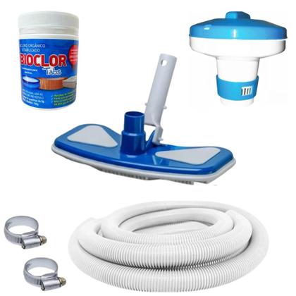 Imagem de Kit Aspirador de Piscina com Mangueira 4m + Flutuador + Pote Cloro com 50 Unidades