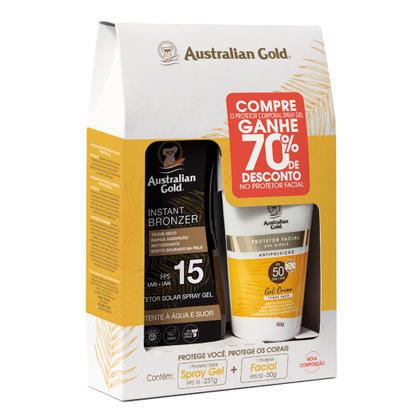 Imagem de Kit Australian Gold Protetor Solar Instant Bronzer FPS 15 Spray Gel 237g e Protetor Facial FPS 50 Gel Creme 50g