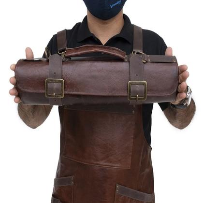 Imagem de Kit Avental Churrasqueiro Em Couro Bovino Premium + Estojo Porta Facas