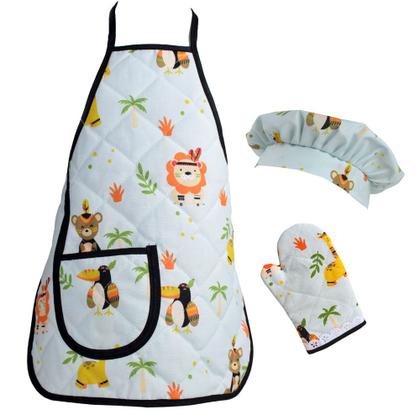 Imagem de Kit Avental Infantil com Touca e Luva Menino 3 Pçs Safari
