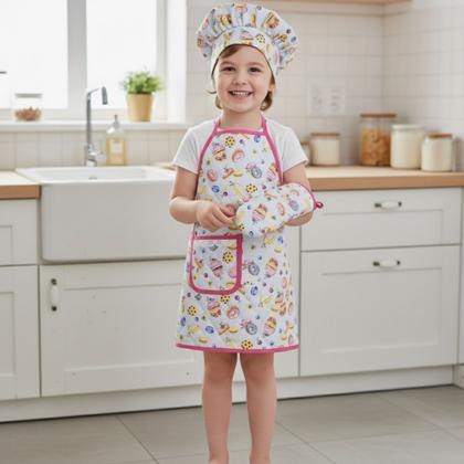 Imagem de Kit Avental Infantil de Cozinha Estampado com Touca e Luva