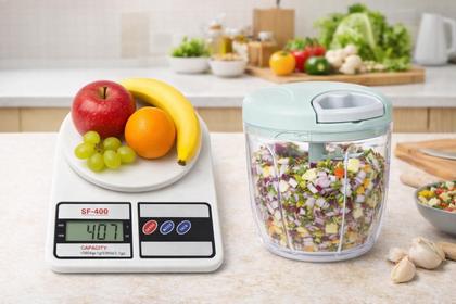 Imagem de Kit Balança Digital 10kg Alta Precisão com Tara E Processador Manual 900ml 5 Lâminas Triturador de Alimentos