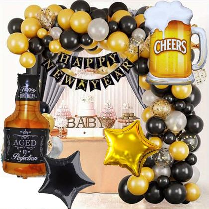 Imagem de Kit Balão Metalizado Caneca Chopp + Balão Garrafa Whisky + Estrela Metalizada +50 Bexigas N9 - Kit 55UNDS - Festa Boteco