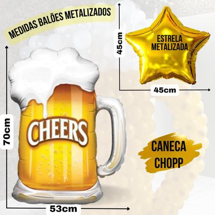 Imagem de Kit Balão Metalizado Caneca Chopp Gigante 70cm x 53cm +3 Estrela 45cm +20 Balões de Látex Redondo 9Pol, Kit Festa Boteco