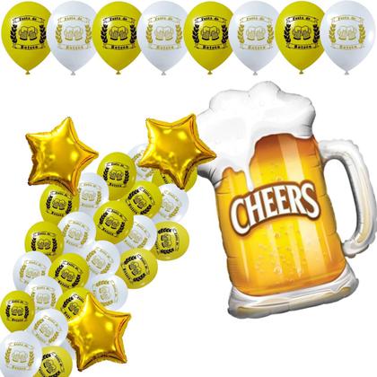 Imagem de Kit Balão Metalizado Caneca Chopp Gigante 70cm x 53cm +3 Estrela 45cm +20 Balões de Látex Redondo 9Pol, Kit Festa Boteco