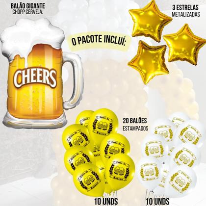 Imagem de Kit Balão Metalizado Caneca Chopp Gigante 70cm x 53cm +3 Estrela 45cm +20 Balões de Látex Redondo 9Pol, Kit Festa Boteco