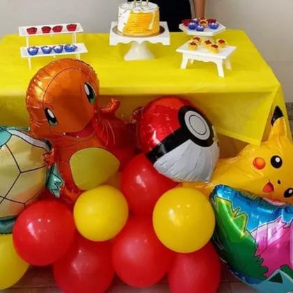 Imagem de Kit Balão Metalizado Redondo Pokémon 45cm + 4 Estrelas 25cm Vermelho Preto Festa Infantil Tema Desenho Pikachu