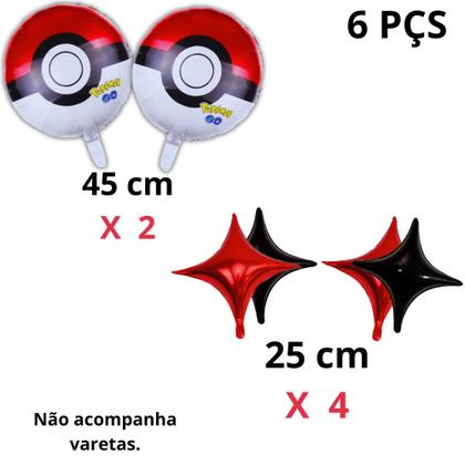 Imagem de Kit Balão Metalizado Redondo Pokémon 45cm + 4 Estrelas 25cm Vermelho Preto Festa Infantil Tema Desenho Pikachu