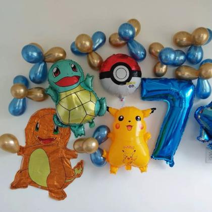 Imagem de Kit Balão Metalizado Redondo Pokémon 45cm + 4 Estrelas 25cm Vermelho Preto Festa Infantil Tema Desenho Pikachu