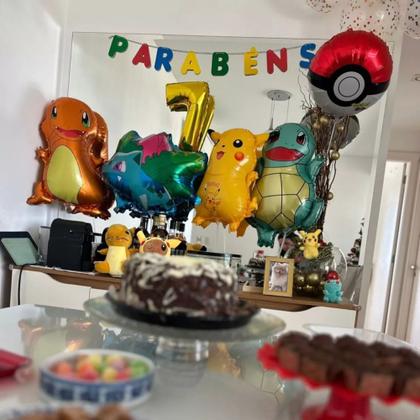 Imagem de Kit Balão Metalizado Redondo Pokémon 45cm + 4 Estrelas 25cm Vermelho Preto Festa Infantil Tema Desenho Pikachu