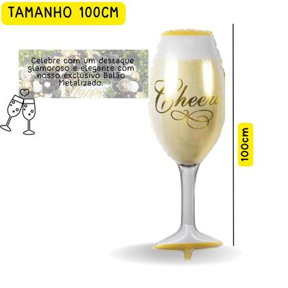 Imagem de Kit Balão Taça Champanhe Cheers 100 cm + 4 Estrelas Metalizadas Dourado 45 cm - Kit Festa Boteco