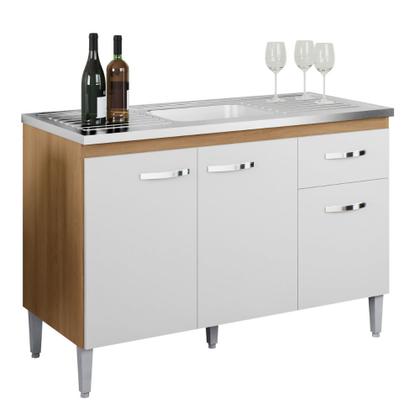 Imagem de Kit Balcão de Pia 3 Portas Gabriela 120cm com Balcão Cooktop Carla Amendoa/Branco Sem Tampo AJL Móveis