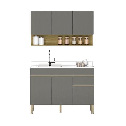 Imagem de Kit Balcão de Pia sem tampo e Aereo 120 cm 6 Portas 1 Gaveta Line