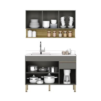 Imagem de Kit Balcão de Pia sem tampo e Aereo 120 cm 6 Portas 1 Gaveta Line