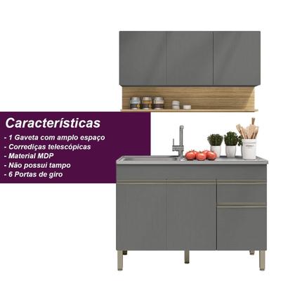 Imagem de Kit Balcão de Pia sem tampo e Aereo 120 cm 6 Portas 1 Gaveta Line