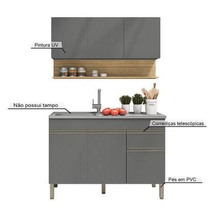Imagem de Kit Balcão de Pia sem tampo e Aereo 120 cm 6 Portas 1 Gaveta Line