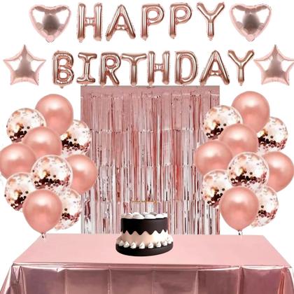 Imagem de Kit Balões Festa Aniversário Cortina Toalha Metalizada Bexigas Rose Gold