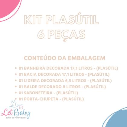 Imagem de Kit banheira de bebê decorada ludica plasutil 6 peças + bacia + lixeira + balde menino e menina