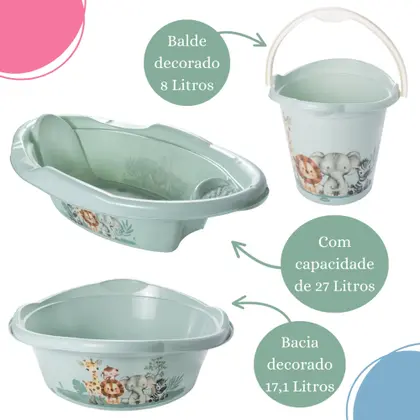 Imagem de Kit banheira de bebê plasutil 7 peças + kit higiene urso + bacia + lixeira + balde menino e menina