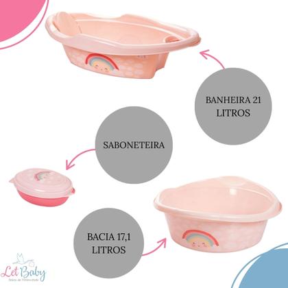 Imagem de Kit banheira de bebê plasutil 7 peças + kit higiene urso + bacia + lixeira + balde menino e menina