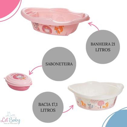 Imagem de Kit banheira de bebê plasutil 7 peças + kit higiene urso + bacia + lixeira + balde menino e menina