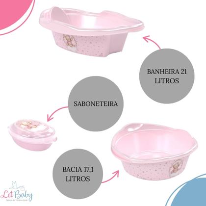 Imagem de Kit banheira de bebê plasutil 7 peças + kit higiene urso + bacia + lixeira + balde menino e menina