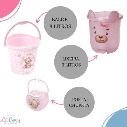Imagem de Kit banheira de bebê plasutil 7 peças + kit higiene urso + bacia + lixeira + balde menino e menina