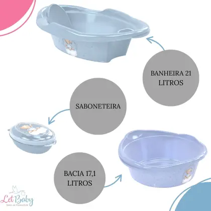 Imagem de Kit banheira de bebê plasutil 7 peças + kit higiene urso + bacia + lixeira + balde menino e menina