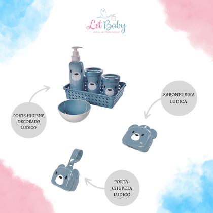 Imagem de Kit banheira de bebê plasutil 7 peças + kit higiene urso + bacia + lixeira + balde menino e menina