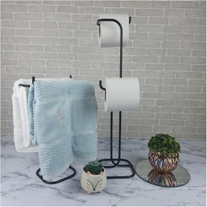 Imagem de Kit Banheiro 2 Peças Porta Toalha Toalheiro Duplo Suporte Papel Higiênico Preto Fosco - Future