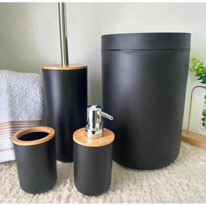 Imagem de Kit Banheiro 4 Peças Completo Lixeira Porta Escova Sabonete Bambu