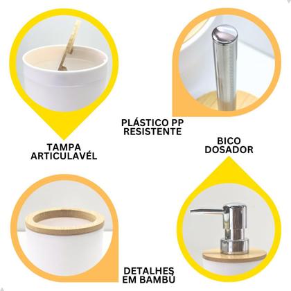 Imagem de Kit Banheiro 4 Peças Completo Lixeira Porta Escova Sabonete Bambu
