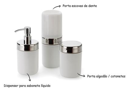 Imagem de Kit Banheiro Acessórios Lavabo Branco 3 Peças Dispenser Sabonete Liquido Porta Escova Algodão Hastes
