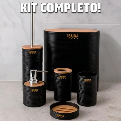 Imagem de Kit Banheiro Completo Acessórios De Bambu Moderno Com Tampa
