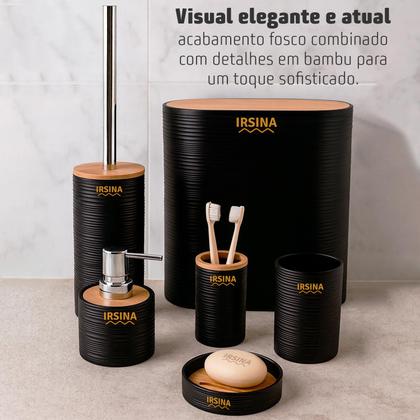 Imagem de Kit Banheiro Completo Acessórios De Bambu Moderno Com Tampa