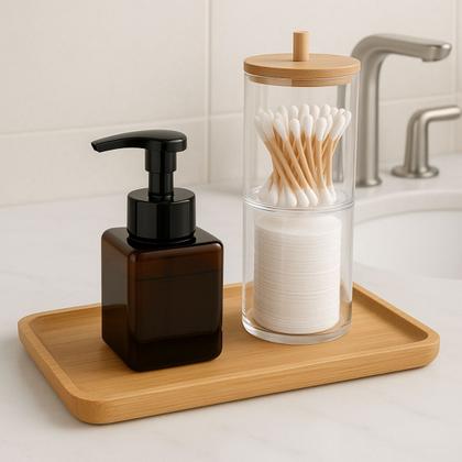 Imagem de Kit Banheiro Completo com Bandeja Bambu e Dispenser Elegante