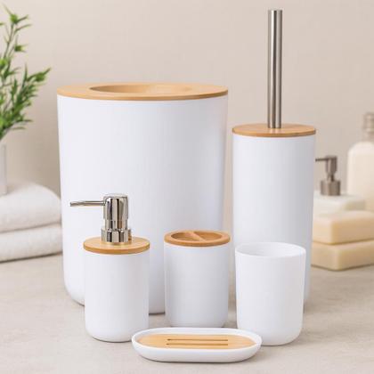 Imagem de Kit Banheiro Conjunto Completo Lixeira 6 Peças Bambú