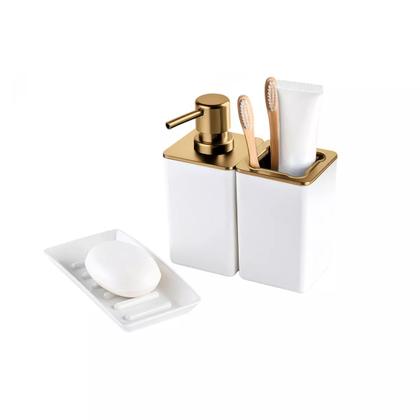Imagem de Kit banheiro conjunto dispenser porta escovas e saboneteira cor:branco/dourado fosco