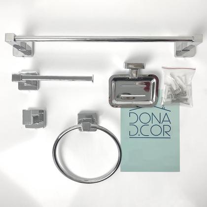 Imagem de Kit Banheiro Cromado 5 Peças Quadrado Toalheiro Argola Saboneteira Porta Papel Gancho Lavabo Luxo