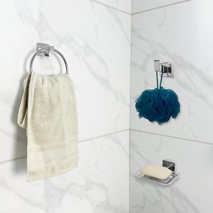Imagem de Kit Banheiro Cromado 5 Peças Quadrado Toalheiro Argola Saboneteira Porta Papel Gancho Lavabo Luxo