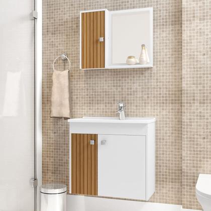 Imagem de Kit Banheiro Gabinete 56cm Pia e Armário Com Espelho Munique Branco/Ripado - Bechara