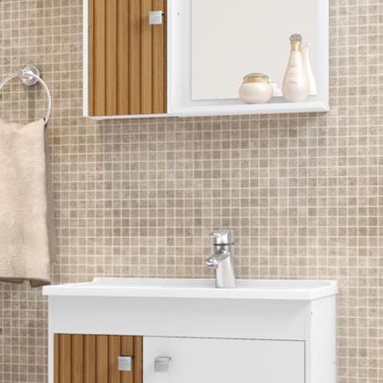 Imagem de Kit Banheiro Gabinete 56cm Pia e Armário Com Espelho Munique Branco/Ripado - Bechara