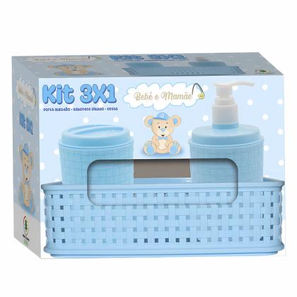 Imagem de Kit Banheiro Infantil Menino 3 em 1 Azul Linha Mãe e Bebê Com Cesto e Dispenser Sabonete
