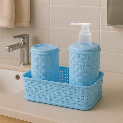 Imagem de Kit Banheiro Infantil Menino 3 em 1 Azul Linha Mãe e Bebê Com Cesto e Dispenser Sabonete