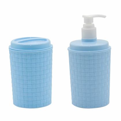 Imagem de Kit Banheiro Infantil Menino 3 em 1 Azul Linha Mãe e Bebê Com Cesto e Dispenser Sabonete