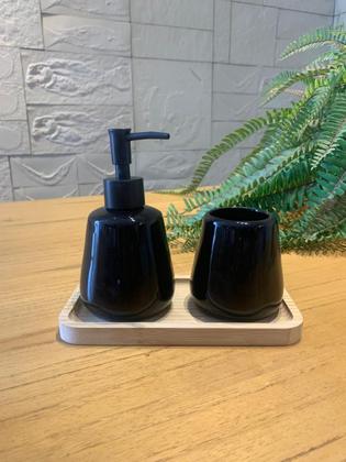 Imagem de Kit Banheiro Lavabo 2 Peças + Bandeja de Bambu Sabonete Líquido Suporte p/Escovas Em Cerâmica Luxo