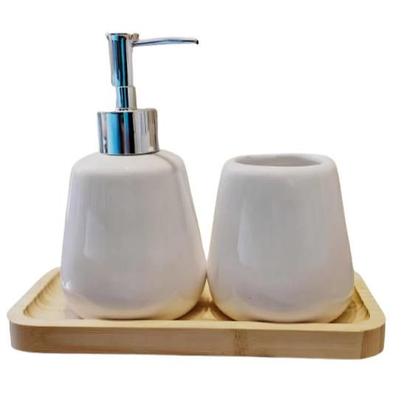 Imagem de Kit Banheiro Lavabo 2 Peças + Bandeja de Bambu Sabonete Líquido Suporte p/Escovas Em Cerâmica Luxo