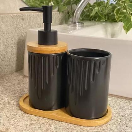 Imagem de Kit Banheiro Lavabo 3 Peças Bambu Porta Sabonete Líquido Pia