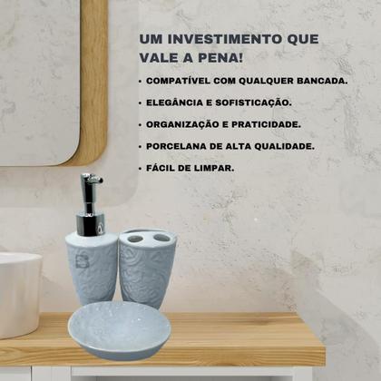 Imagem de Kit Banheiro Lavabo 3 Peças Porta Sabão Sabonete Líquido e Porta Organizador Escovas Porcelana