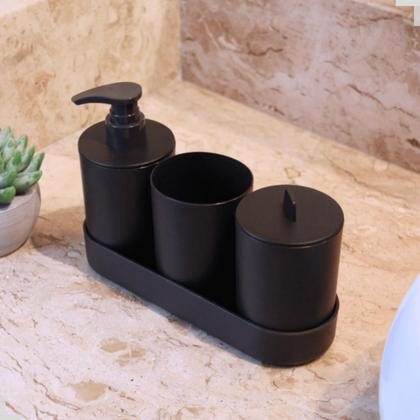 Imagem de kit Banheiro Lavabo 4 Peças Bambu Sustentável Ecológico Sabonete Liquido